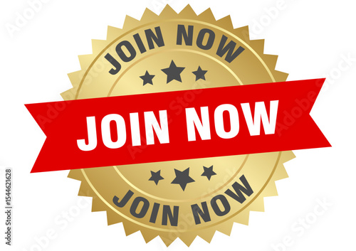 join now. join now round red and gold label isolated on transparent background