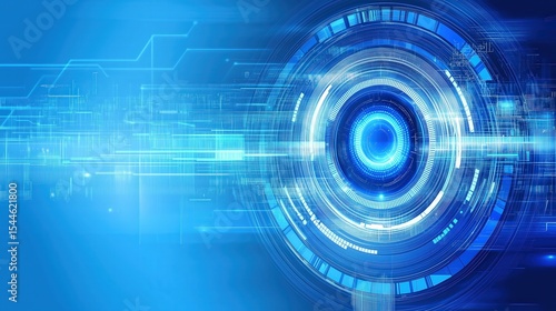 Futuristic Blue Background with Fast Speed Lines, Centered AI Robot Eye Design Showcases Infinite Potential and Creativity, Perfect for Various Applications
