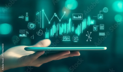 A digital hand holds a tablet with charts and growth icons floating above. Ideal for visualizing business success in tech or online marketing fields.

