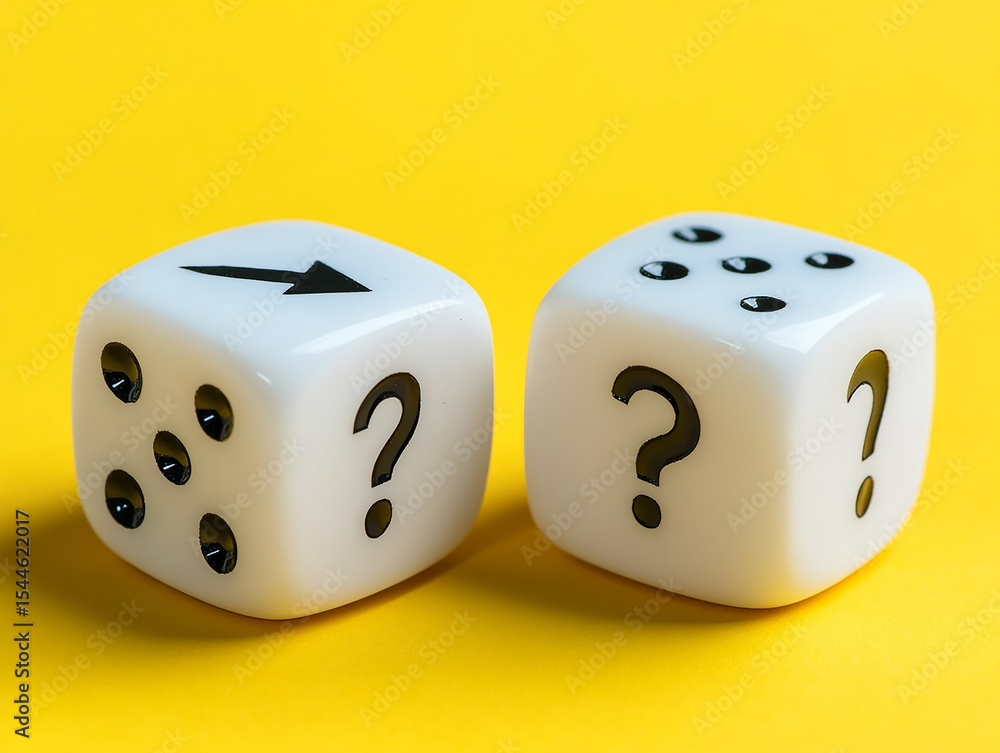 Dice display questions and directions on bright yellow. Uncertainty concept for web, marketing, design. Dice display questions and directions on bright yellow. Uncertainty concept for web, marketing, design.