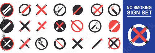 Set of no smoking icons with red color and different lines. For symbols or signs of places where smoking is prohibited in print or online media such as banners, flyers and posters.