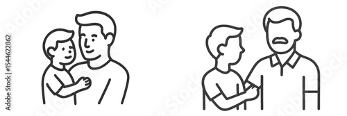 Father and son sharing a warm moment and a gentle conversation with caring expressions in a simple line art style