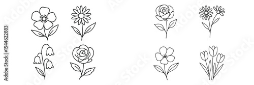 Collection of hand-drawn floral illustrations showcasing various blooms and plants in simple line art style on a white background