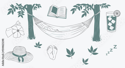 Lazy summer hammock set. Two shade trees, sling bed, open book, iced drink, floppy hat, flower, barefoot toes and drifting leaves with Z marks. Quiet backyard siesta illustration