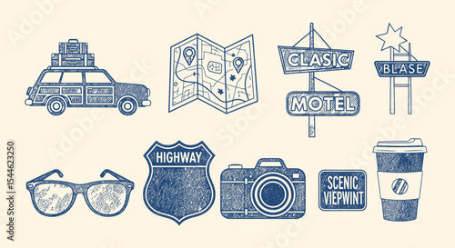 Classic road trip doodle set. Packed car, map, vintage motel sign, sunglasses, highway shield, camera and coffee cup in blue line. Retro travel clipart for postcards