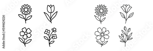 Floral designs with various flower types ideal for crafts and decorations created in simple line art style