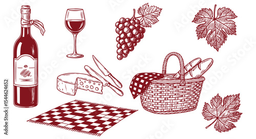 Vintage wine picnic illustration set. Red wine bottle, glass, grapes, cheese wedge, knife, wicker basket, baguette, blanket and vine leaves. French countryside picnic artwork