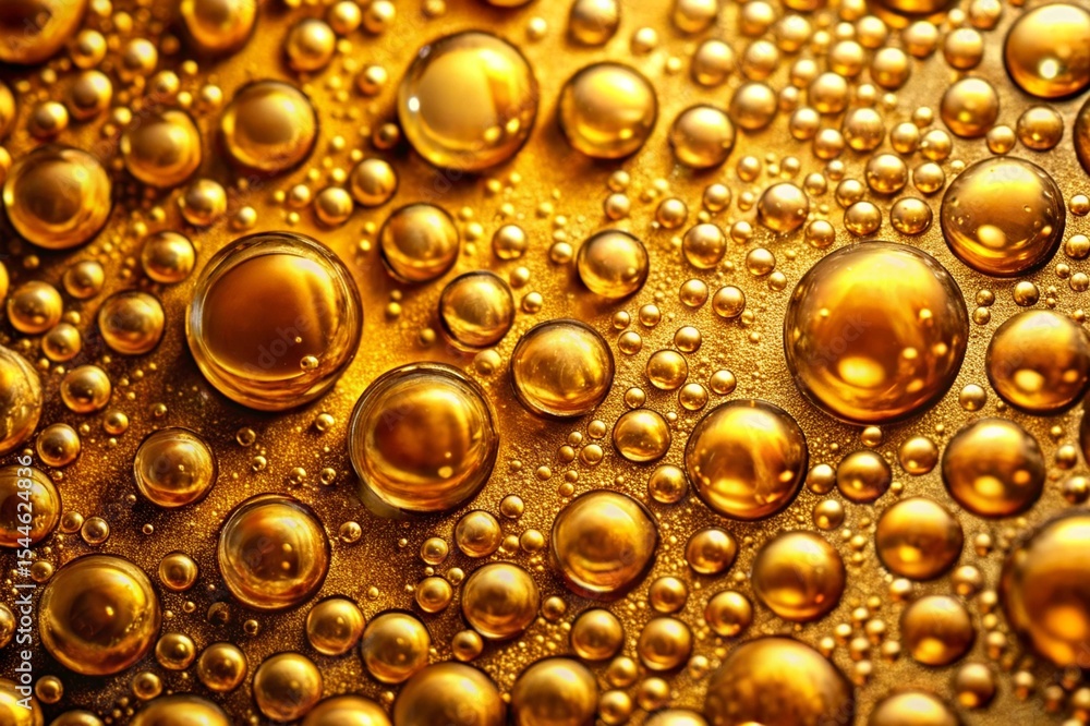 A large number of small, shiny, golden droplets of liquid A large number of small, shiny, golden droplets of liquid
