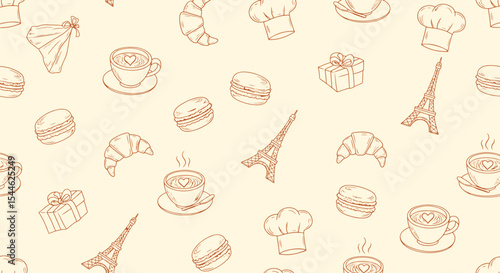 Seamless Paris cafe pattern. Croissant, macaron, espresso cup, Eiffel Tower, chef hat icons. French bakery vibe for fabric, wrapping, and branding