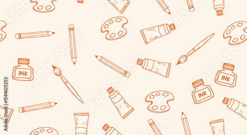 Seamless art supplies pattern. Paint palette, brush, pencil, tube and ink bottle icons. Creative studio vibe for fabric, stationery, wrapping
