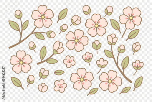 Cartoon cherry blossom (sakura) flowers and branches. Perfect for spring-themed designs, stickers, scrapbooking, invitations, children's projects, floral decor. Flat vector on transparent background