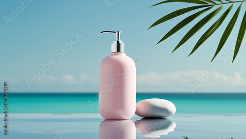 Pink lotion bottle and smooth stone by ocean