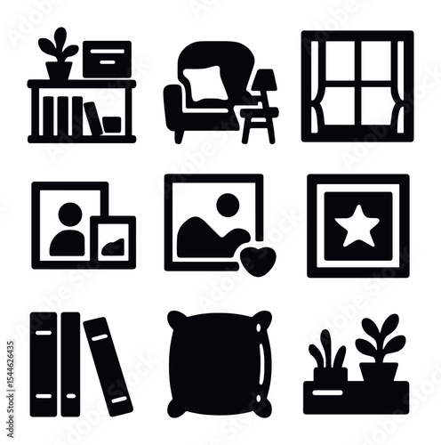 Home Office Icons Set. Solid, filled icons set of peaceful home office settings: clean shelves, organized