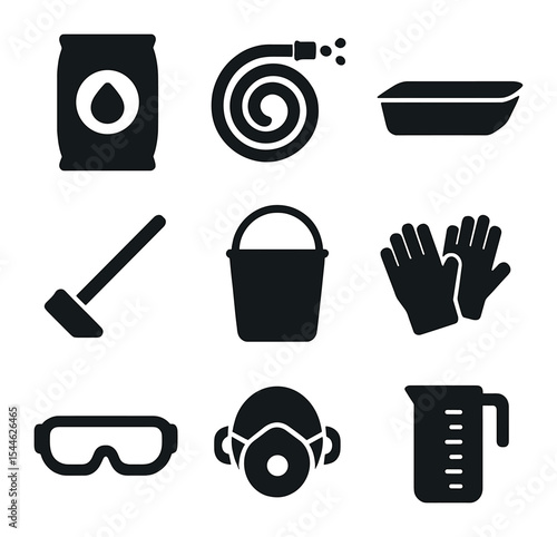 Cement Tools Icon Set. Solid, filled icons set of cement mixing tools: cement bag, water hose, mixing tray,