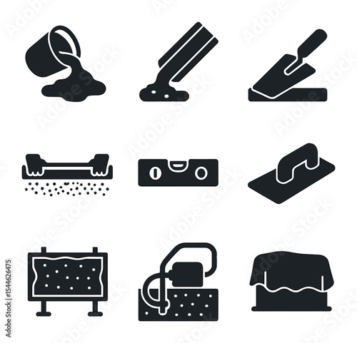 Concrete Pouring Icons. Solid, filled icons set of concrete pouring process: wet cement, concrete chute,