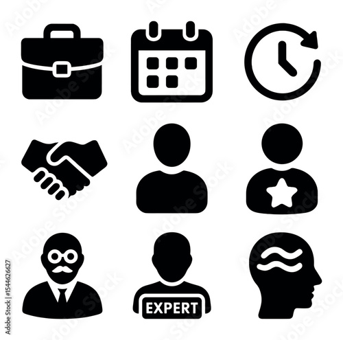 Consulting Icons Set. Solid, filled icons set of part-time and consulting work: briefcase icon, calendar icon,
