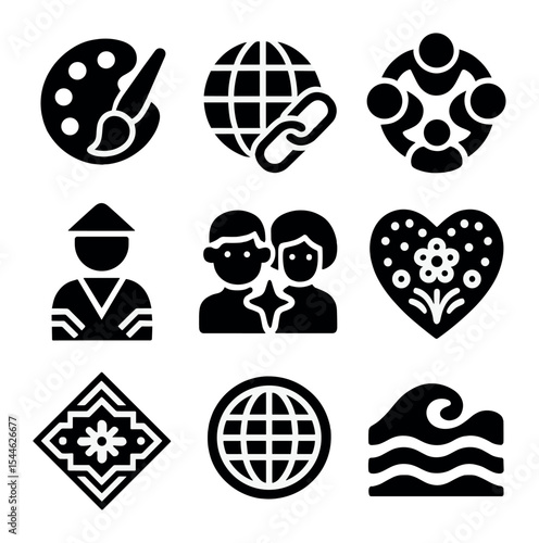 Multicultural Art Icons. Solid, filled icons set of multicultural art influences: art icon, global link, cross
