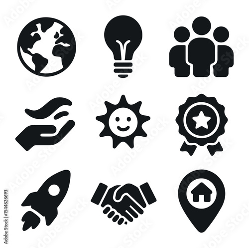 Social Impact Icons. Solid, filled icons set of social entrepreneurship and impact: globe icon, lightbulb icon