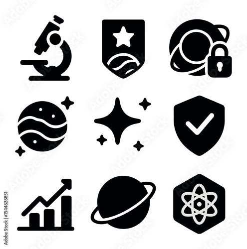 Planetary Protection Icons. Solid, filled icons set of planetary protection and research: microscope icon,