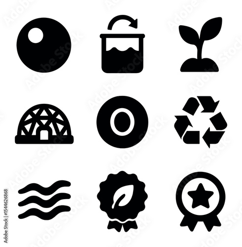 Sustainable Space Icons. Solid, filled icons set of sustainable life support systems in space: air bubble,