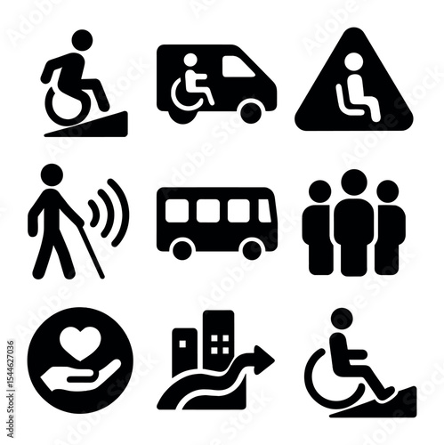 Inclusive Transit Icons. Solid, filled icons set of inclusive transit solutions: ramp icon, accessible vehicle