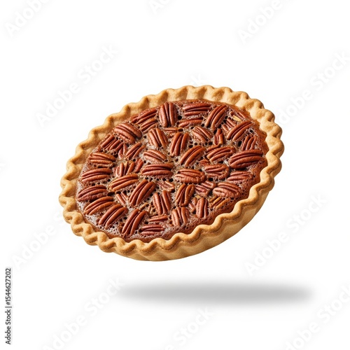 Elevated pecan pie with crimped crust and shadow on a white background