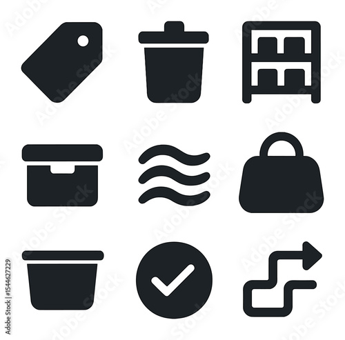Modern Icon Grid. Solid, filled icons set of labeling and sorting systems: label icon, bin icon, neat shelf,