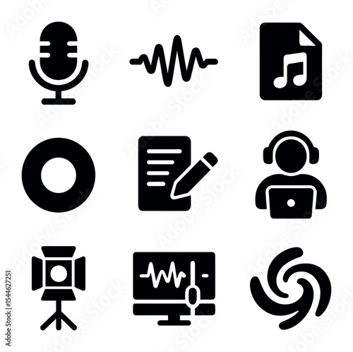 Podcast Production Icons. Solid, filled icons set of podcast production and recording: mic icon, sound wave,