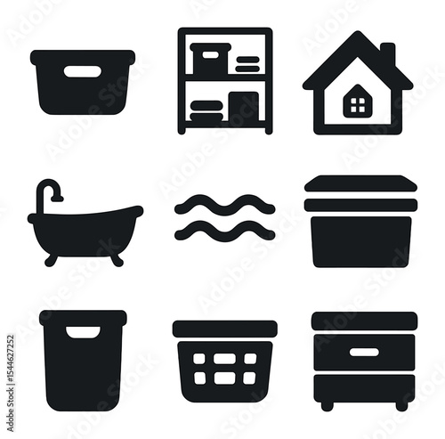 Attic Organization Icons. Solid, filled icons set of attic organizing for small spaces: small bin, compact