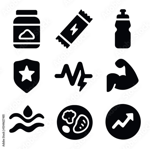 Sports Nutrition Icons. Solid, filled icons set of sports and performance nutrition: protein icon, energy bar,