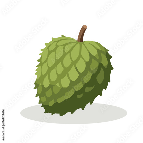 Cartoonish Green Custard Apple with Brown Stem Isolated on White.