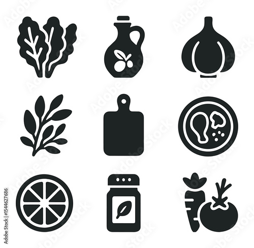 Healthy Cooking Icons. Solid, filled icons set of healthy cooking and fresh ingredients: leafy greens, olive