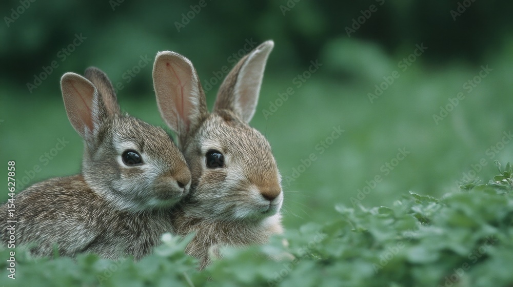 Two whimsical bunnies cuddle in verdant clover, evoking the gentle embrace of springtime renewal and Easter magic Two whimsical bunnies cuddle in verdant clover, evoking the gentle embrace of springtime renewal and Easter magic