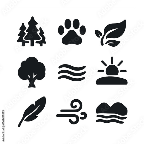 Nature Icon Set. Solid, filled icons set of wildlife and natural consciousness: forest icon, animal track,