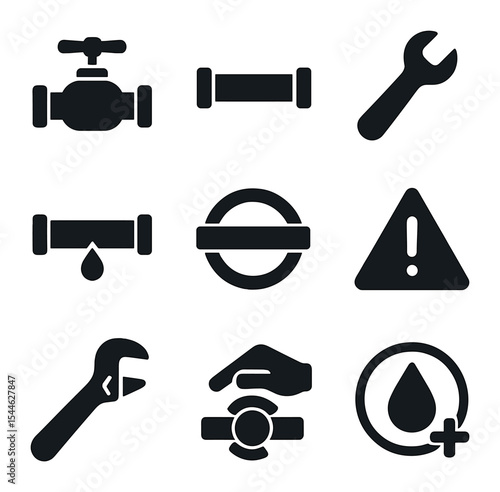 Water Line Icons. Solid, filled icons set of main water line shutoff: water valve, pipe icon, shutoff wrench,
