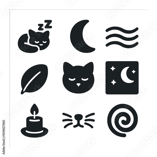 Animal Dream Icons. Solid, filled icons set of exploring animal dreams and rest: cozy sleep, moon icon, calm
