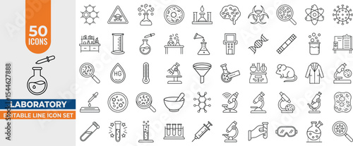 Laboratory Line Icon Set – Editable Vector Icons for Experiments, Test Tubes, Microscopes & Research. Editable Stroke. Vector illustration