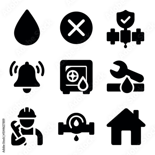 Water Leak Prevention Icons. Solid, filled icons set of water leak prevention: water drop, shutoff icon,