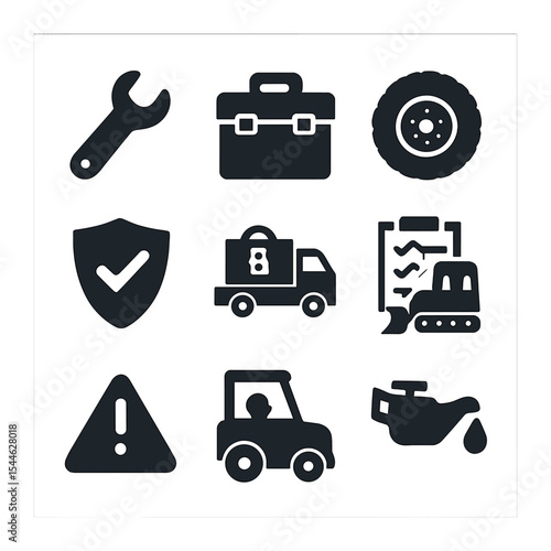 Construction Icons Grid. Solid, filled icons set of construction vehicle safety and maintenance: wrench icon,
