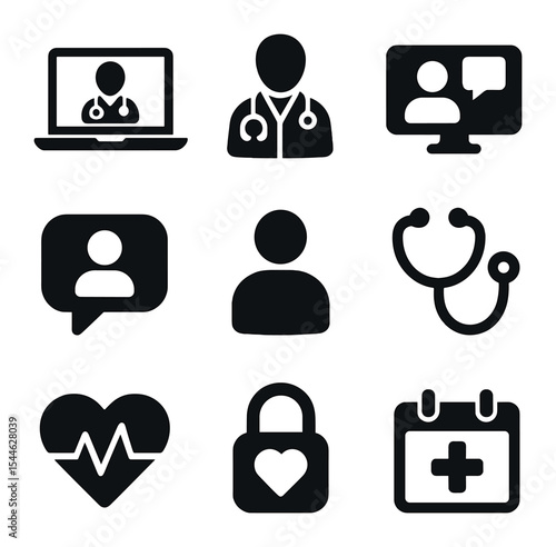 Telemedicine Icons Grid. Solid, filled icons set of telemedicine consultations: laptop icon, doctor icon,