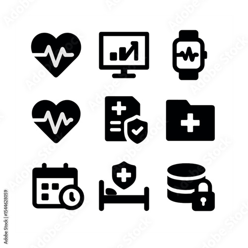 Digital Monitoring Icons. Solid, filled icons set of digital patient monitoring: heart wave, remote chart,