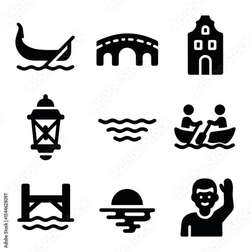 Canal Living Icons. Solid, filled icons set of canals and water-based living: gondola icon, stone bridge,