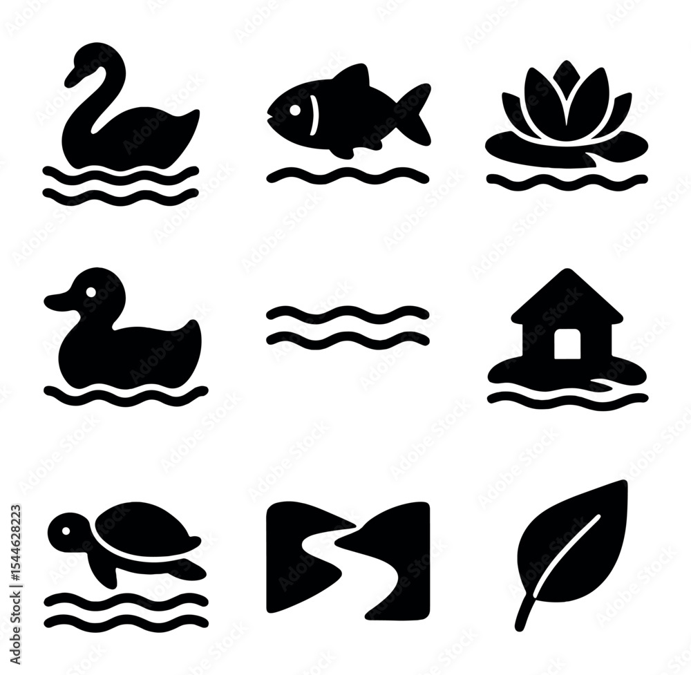 Obraz premium Nature Icons Grid. Solid, filled icons set of nature integration and wildlife in floating areas: swan icon,