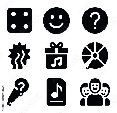 Karaoke Game Icons. Solid, filled icons set of karaoke challenges and song games: dice icon, fun game,