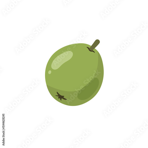 Stylized green olive with a small stem and a dark mark on its surface.