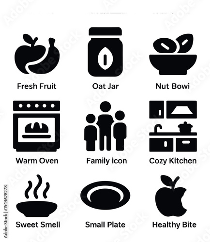 Healthy Snack Icons. Solid, filled icons set of healthy snack preparation at home: fresh fruit, oat jar, nut