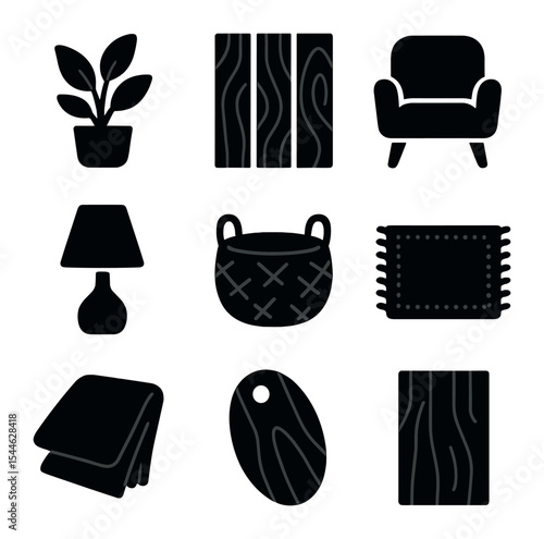 Nature-Inspired Icon Set. Solid, filled icons set of blending indoors with natural elements: indoor plant,