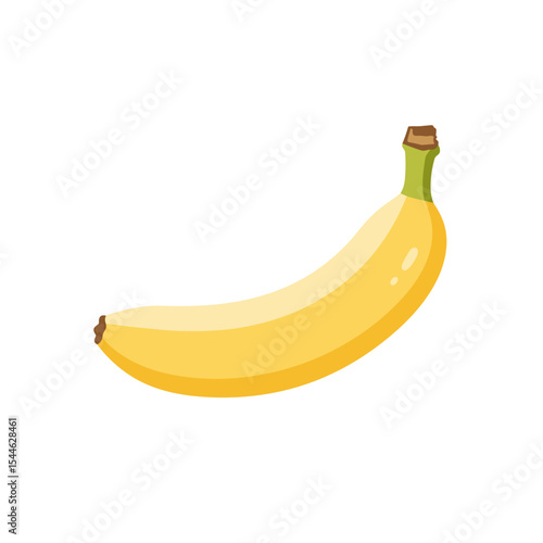A single ripe banana with a curved shape and vibrant yellow peel.