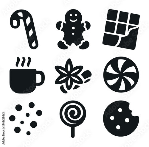 Christmas Treats Icons. Solid, filled icons set of Christmas treats and delights: candy cane, gingerbread