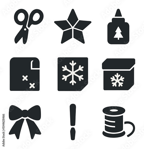 Advent Craft Icons. Solid, filled icons set of handmade advent crafts: craft scissors, paper star, holiday